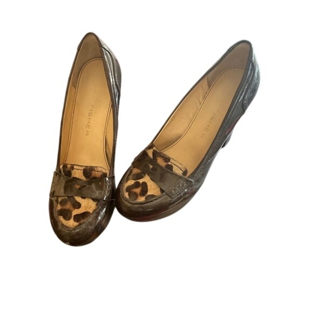 Eileen Fisher Brown Patent Leather Leopard Print Platform Heels